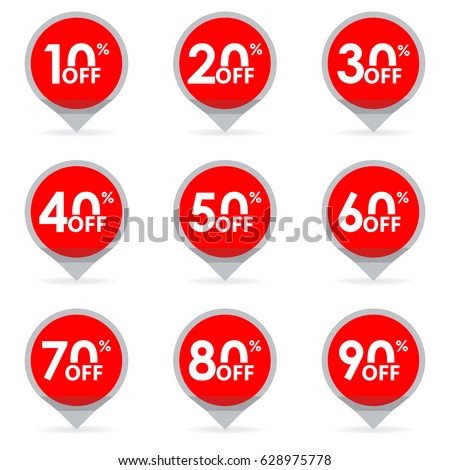 Sale and discount pointer or marker.  Price off tag icon. 10, 20, 30, 40, 50, 60, 70, 80, 90 percent sale. Vector illustration.