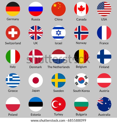 Flag icon set. Round or circle flags of USA, UK, Holland, Germany, Italy, Canada, France, Russia, China, Finland, Norway, Sweden, Australia,  Israel, Japan, Switzerland, Korea. Vector illustration.