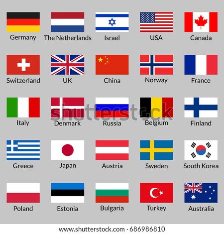 Flag icon set. National flags of USA, UK, Holland, Germany, Italy, Canada, France, Russia, China, Finland, Norway, Sweden, Australia,  Israel, Japan, Switzerland, Korea, Belgium, Finland. Vector.