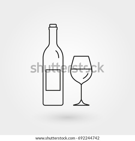 Wine bottle with wine glass outline icon. Minimal line design. Vector illustration.