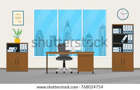 Office interior design. Modern business workspace with office furniture: chair, desk with computer, bookcase, clock on the wall and window. Vector illustration.