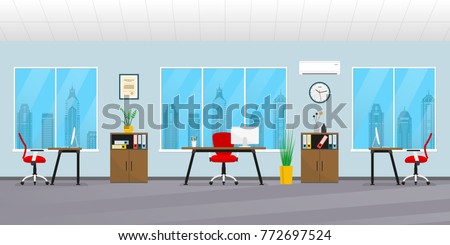 Office interior in flat style. Modern business workspace with office furniture: chair, desk, computer, bookcase, clock on the wall and window. Vector illustration.