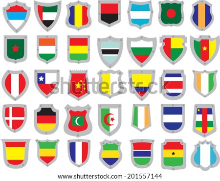 World flag set on coat of arms, shield, Europe, Africa, America, Asia, Oceania, Serbia, Emirates, Andorra, Angola, Argentina, China, Bangladesh, Colombia, Denmark, Chile, Benin, Bolivia, Ghana,Spain
