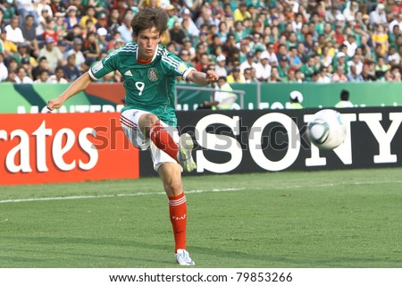 MONTERREY, MEXICO - JUNE 24: Carlos Fierro (MEX) shot the ball during FIFA U-17 World Cup Mexico 2011 on June 24, 2011 in Monterrey, Mexico. Mexico won Netherlands 3 - 2.