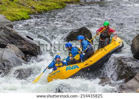 CLEAR CREEK, COLORADO/U.S.A. - August 31, 2014: Late season white water rafting adventure continues on the Clear Creek River just 30 minutes from Denver on August 31, 2014 in Clear Creek, Colorado.