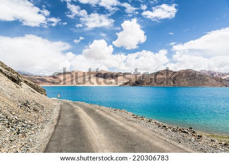 Stunning Pangong lake in Ladakh, India. The lake shares a border with Tibet in China.