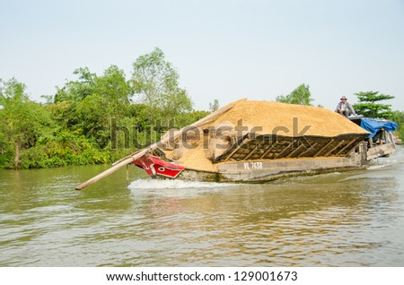 CHAU DOC, VIETNAM - JANUARY 4: Unidentified man sails on a barge transporting rice on Mekong River, January 4, 2013 in Chau Doc region, Vietnam