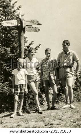 POLAND, CIRCA SIXTIES: Vintage photo of youngsters during a mountain trekking