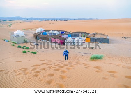 Camp for accommodate tourists during camel trips, Sahara near Merzoga, Morocco