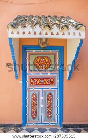 TAROUDANT, MOROCCO, APRIL 9, 2015: Hotel Palais Salam Taroudant, a historical pasha palace, built in the 16th century and surrounded by ramparts - door to one of rooms