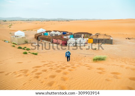 Tent camp for tourists in sand dunes of Erg Chebbi, Morocco