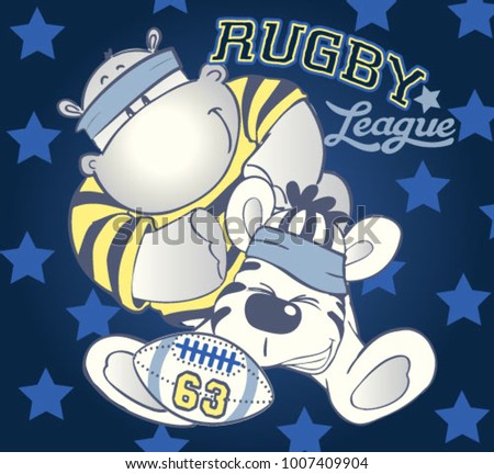 Hipoo & Zebra Rugby Players.Vector print for kids tees