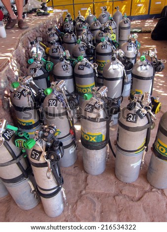 DAHAB, EGYPT - June 26, 1014: Cylinders prepared for Ahmed Gabr\'s 220 m training dive prior to his deepest scuba dive world record attempt in September 2014