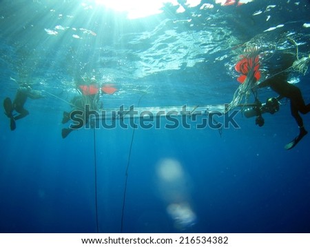 DAHAB, EGYPT -June 27, 1014: Decompression ladder deployment for Ahmed Gabr\'s 220 m training dive prior to his deepest scuba dive world record attempt in September 2014
