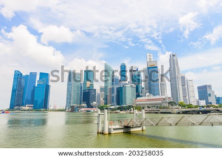 SINGAPORE - JUNE 22: Urban landscape of Singapore. Skyline and modern skyscrapers of business district Marina Bay Sands at most financial developing Asian city state. Singapore, JUNE 22, 2014