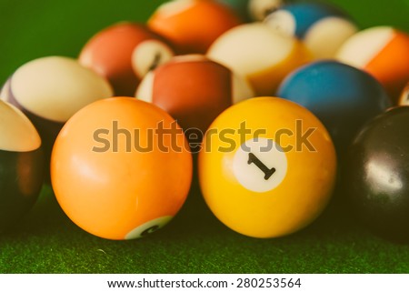 Pool billiards balls on pool table - vintage filter