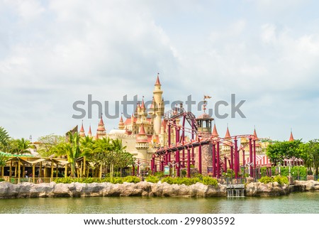 SINGAPORE-JULY 20: beautiful castle and roller coaster in Universal studio on JULY 20, 2015. Universal Studios Singapore is theme park located within Resorts World Sentosa,Singapore.
