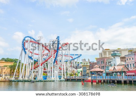 SINGAPORE-JULY 20: beautiful castle and roller coaster in Universal studio on JULY 20, 2015. Universal Studios Singapore is theme park located within Resorts World Sentosa,Singapore.
