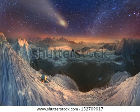 Incredible world of alpine peaks to the brave climbers who wish to spend the night at the very top of a huge mountain ... vast expanse cosmos will it ... iced-house of refuge