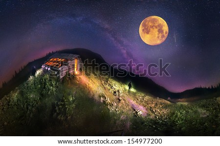 Night photography with lights under a starry sky with Elements of mysticism and fairy-panoramic view (360 degrees) Barlebash meadows, Marmaroshsky Pip Ivan. Ukraine. Moonrise full of extremely large