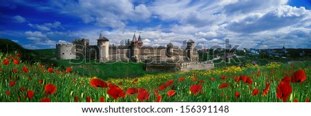 Kamenetz-Podolsk,  Khmelnytsky region, Ukraine- 25 June , 2009: Historical accounts date the Kamianets-Podilskyi Castle to the early 14th century. The beauty of summer nature, meadows with flowers,