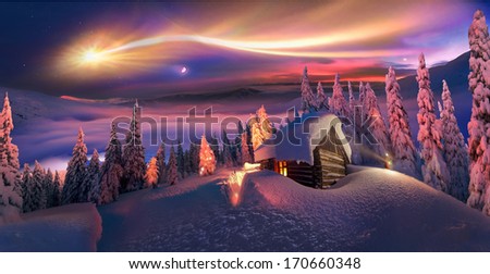 Climbing to tourist wild alpine mountain to an abandoned cabin-in order to illuminate the snow-covered spruce canopy during sunrise, sunset,  to see the first star of Christmas in the Carpathians.