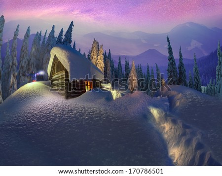 Climbing to tourist wild alpine mountain to an abandoned cabin-in order to illuminate the snow-covered spruce canopy during Sunrise, Sunset, to see the first star of Christmas in the Carpathians