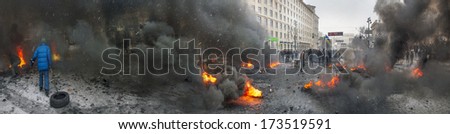 Kiev, Ukraine - January 20, 2014: The barricades on the street were built Hrushevskoho defenders of democracy to stop advance of the special forces remained loyal to President Yanukovych-squad Berkut