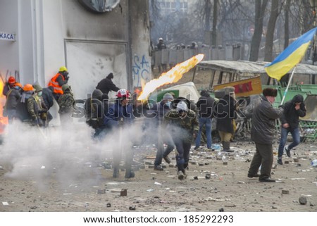 Kiev, Ukraine - January 20, 2014: The barricades on the street were built Hrushevskoho defenders of democracy to stop  advance of the special forces remained loyal to President Yanukovych-squad Berkut