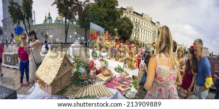 Kyiv; Ukraine-August 24; 2014:After military parade on Khreschatyk in honor of Independence Day people in national embroidered shirts gathered at St. Sophia's Square on the feast of wedding ceremonies