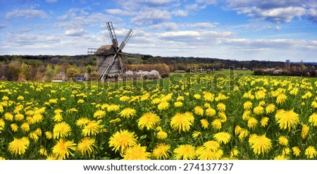 Spring in the National Museum of Architecture in Pirogovo, where a rich collection of ancient wooden windmills, houses, outbuildings including an abundance of gardens and flowers