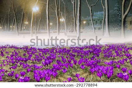 Fantastic landscape, symbolizing the unity of the spring and winter, on the fairy tale 