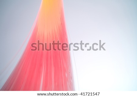 Bundle of red fiber optic with light gray background.