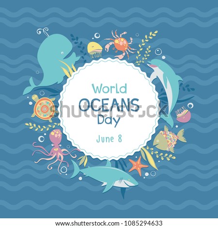 World oceans day. Sea animals. Poster. Vector illustration. 