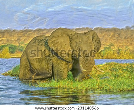 Oil Painting of elephant in Botswana river