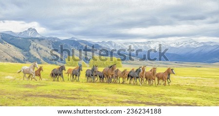 Oil painting of horse stampede