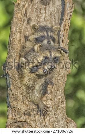Three baby raccoons in hollow tree nest, digital oil painting