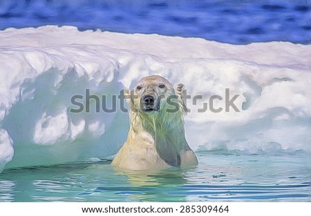 Large male polar bear surfaces in ice floe, digital oil painting