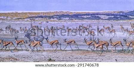 Animals at Etosha National Park waterhole,digital oil painting