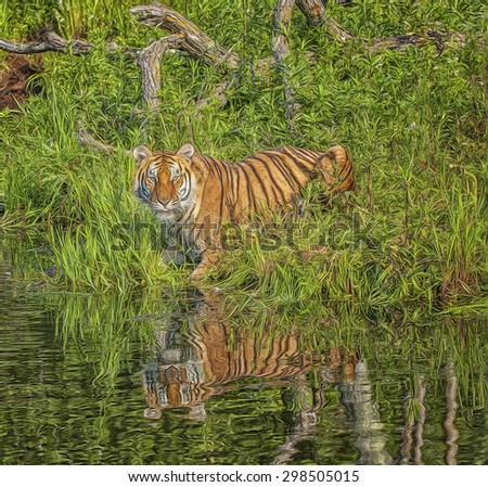Bengal tiger at waters shoreline. Photo art