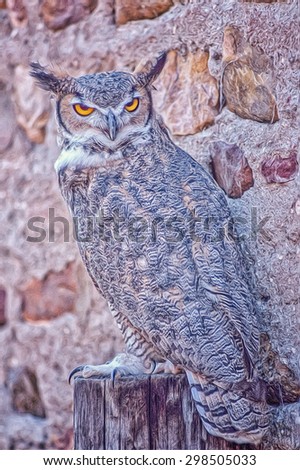 Long eared owl against stone barn wall. Photo art