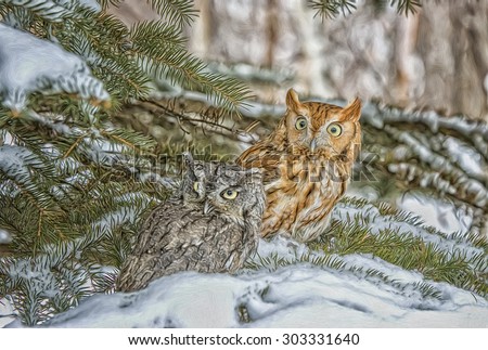 Two eastern screech owls in fir tree, digital oil painting