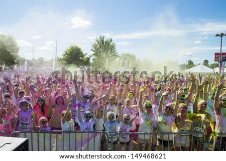 SAINT CLOUD, MINNESOTA- AUGUST 10:   Color run at Saint Cloud on August 10, 2013. Color Run is an event series and 5k paint race that takes place in United States, South America, Europe and Australia.