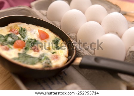 Pan fried egg with dozen of raw eggs