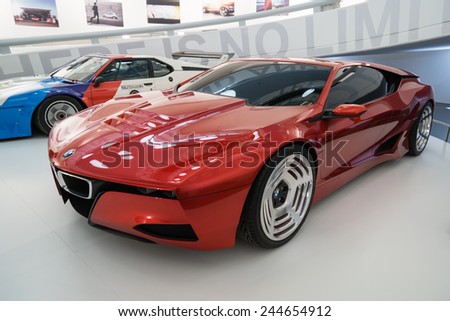 MUNICH - JANUARY 05: Modern futuristic red BMW on stand display in BMW Museum on January 05, 2015 in Munich, Bavaria, Germany.