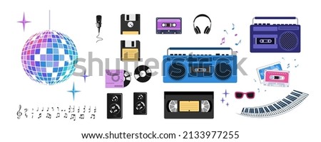 Retro set of musical elements in the style of the eighties. Disco ball, tape recorder, tape cassettes, video cassette, headphones, notes and the like. Disco, party in vintage style. Vector.