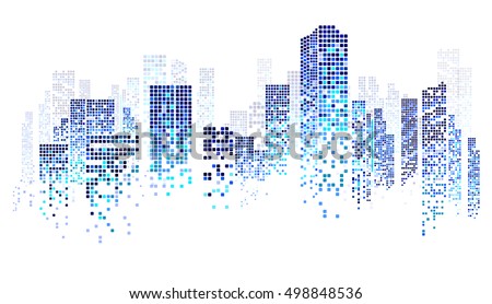 City scene on night time, cityscape blue pattern on white background