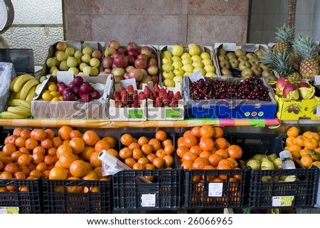 Traditional fruit shop. Fresh fruits in a fruit shop