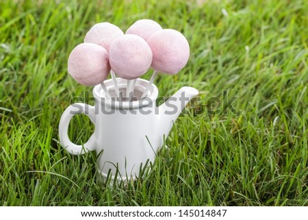 Pink cake pops on grass. Copy space