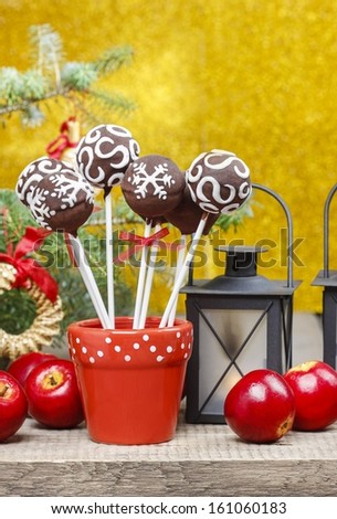 Chocolate cake pops in christmas setting